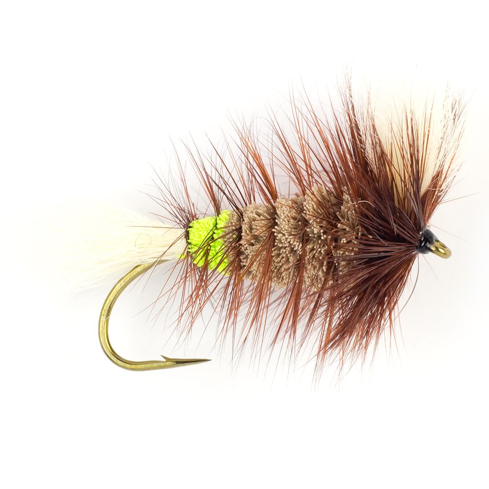 Мушка SF Gray-White Tail-Brown Hackle w. Fl. Green Butt Wulff Bomber (#4 (Bronze/Partridge CS42))